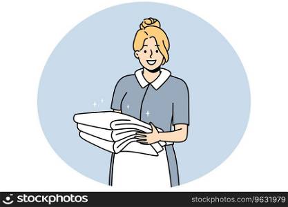 Smiling housekeeper in uniform holding stack of towels. Happy female housemaid or janitor working in hotel. Housekeeping concept. Vector illustration.. Smiling housekeeper with stack of towels