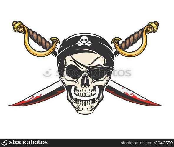 Smiling Human Skull and crossed sabres drawn in tattoo style. Vector Illuistration.. Pirate Skull with crossed sabres