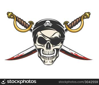 Smiling Human Skull and crossed sabres drawn in tattoo style. Vector Illuistration.. Pirate Skull with crossed sabres
