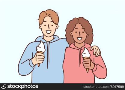 Smiling interracial couple hug eating ice cream together. Happy man and woman embrace enjoy romantic date outdoors. Friendship and relationship. Vector illustration. . Smiling interracial couple hug eat ice cream