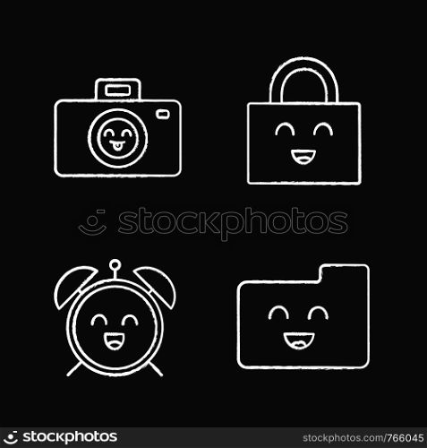 Smiling items chalk icons set. Characters. Happy camera, padlock, alarm clock, folder. Isolated vector chalkboard illustrations. Smiling items chalk icons set