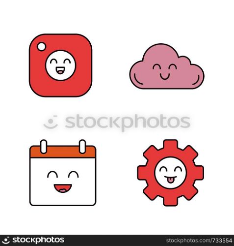 Smiling items color icons set. Characters. Happy camera, cloud, calendar, cogwheel. Isolated vector illustrations. Smiling items color icons set