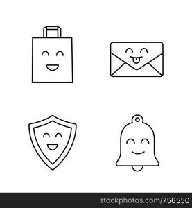 Smiling items linear icons set. Characters. Happy shopping bag, shield, bell, letter. Thin line contour symbols. Isolated vector outline illustrations. Editable stroke. Smiling items linear icons set