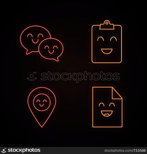 Smiling items neon light icons set. Characters. Happy speech bubbles, clipboard, map pinpoint, file. Glowing signs. Vector isolated illustrations. Smiling items neon light icons set