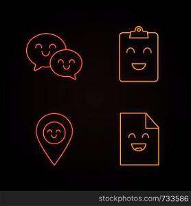 Smiling items neon light icons set. Characters. Happy speech bubbles, clipboard, map pinpoint, file. Glowing signs. Vector isolated illustrations. Smiling items neon light icons set