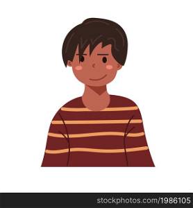 Smiling kid face boy. Avatar child with skin cartoon head portrait. School character icon. Cute little person teenager. Flat vector illustration isolated on white
