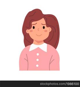 Smiling kid face girl. Avatar child with skin cartoon head portrait. School character icon. Cute little person teenager. Flat vector illustration isolated on white
