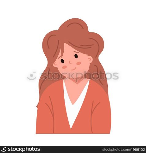 Smiling kid face girl. Avatar child with skin cartoon head portrait. School character icon. Cute little person teenager. Flat vector illustration isolated on white