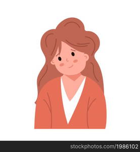 Smiling kid face girl. Avatar child with skin cartoon head portrait. School character icon. Cute little person teenager. Flat vector illustration isolated on white