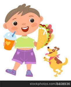 Smiling kid with fast food. Cute cartoon character isolated on white background. Smiling kid with fast food. Cute cartoon character