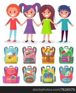 Smiling kids standing together with holding hands, backpack label. Sticker of school bag with notebook and pencil, pupils character, student vector. Back to school concept. Flat cartoon. Pupils and Backpack Sticker, School Sign Vector