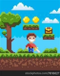 Smiling knight character holding steel, step with coins and box, tree and bush, adventure pixel game, male with galive outdoor, person on ground vector. Pixel Game, Knight Holding Steel, Adventure Vector