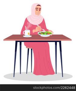 Smiling lady eating healthy salad semi flat RGB color vector illustration. Foodie lifestyle. Healthy appetite. Person eating out alone isolated cartoon character on white background. Smiling lady eating healthy salad semi flat RGB color vector illustration