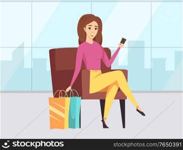 Smiling lady sitting on chair with colorful packages, female waiting with purchase. Supermarket shopping, woman in casual clothes holding phone vector. Woman with Purchase, Supermarket Shopping Vector