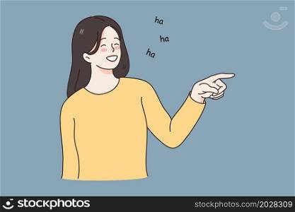 Smiling laughing and positive emotions concept. Young girl standing pointing at something and laughing with open mouth and words lettering aside vector illustration. Smiling laughing and positive emotions concept.