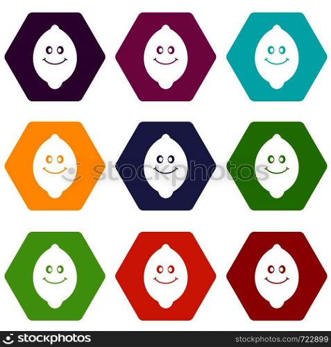 Smiling lemon fruit icon set many color hexahedron isolated on white vector illustration. Smiling lemon fruit icon set color hexahedron