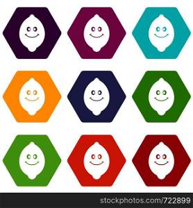 Smiling lemon fruit icon set many color hexahedron isolated on white vector illustration. Smiling lemon fruit icon set color hexahedron