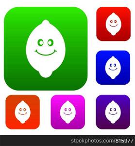 Smiling lemon fruit set icon color in flat style isolated on white. Collection sings vector illustration. Smiling lemon fruit set color collection