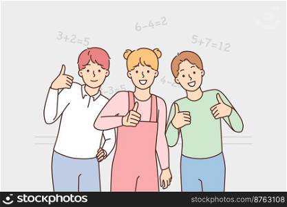 Smiling little kids in school show thumb up recommend good quality education. Happy schoolchildren give recommendation to learning or educative process. Vector illustration. . Smiling schoolchildren show thumb up