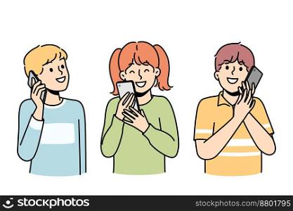 Smiling little kids talk on modern cellphone gadgets. Happy small children enjoy chatting speaking on smartphone devices. Communication. Vector illustration. . Smiling kids talking on cellphones 