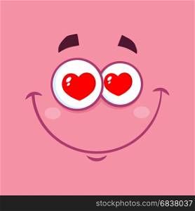 Smiling Love Cartoon Funny Face With Hearts Eyes And Expression. Illustration With Pink Background