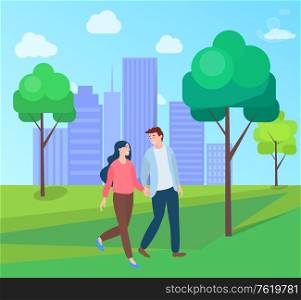 Smiling lovers walking in urban park, portrait view of man and woman holding hands, couple going near trees and skyscrapers, romantic day, valentine vector. Dating of Lovers in City Park, Couple Walk Vector