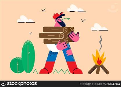Smiling lumberjack or woodcutter hold wood pile set fire outdoors. Happy lumberman with wooden timber stack materials for camp in nature. Hobby and environment concept. Vector illustration. . Smiling lumberman hold wood pile for fire setting