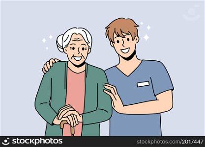 Smiling male caregiver with happy elderly woman patient in nursing home. Caring nurse or doctor with positive old grandmother in retirement house. Good maturity. Flat vector illustration.. Smiling caregiver with happy old female patient