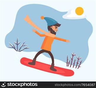 Smiling male character wearing casual clothes and hat snowboarding outdoor. Activity of snowboarder man going by downhill. Winter season and sunny weather on snowy hill with person on board vector. Activity of Male Snowboarding by Downhill Vector