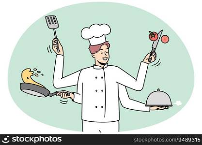 Smiling male chef in uniform with kitchen utensils multitasking at work. Happy confident man cooking with kitchenware. Vector illustration.. Smiling male chef multitasking at kitchen