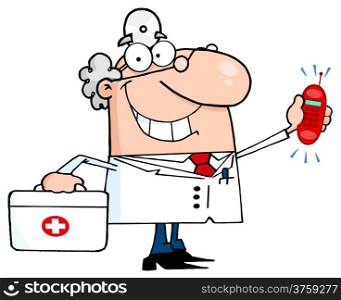Smiling Male Doctor With A First Aid Kit And Phone Ringing