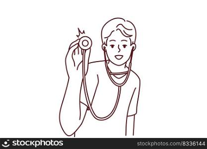 Smiling male doctor with stethoscope ready to examine patient in hospital. Happy man therapist or GP with phonendoscope. Vector illustration. . Smiling male doctor with stethoscope 