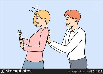 Smiling male employee push stressed female colleague forward. Happy motivated worker force scared frustrated woman coworker. Motivation concept. Vector illustration. . Male employee push stressed colleague forward 
