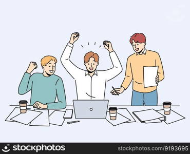 Smiling male employees work on laptop celebrate online win in office. Happy colleagues triumph with work achievement or success. Vector illustration. . Excited colleagues celebrate work success on laptop 