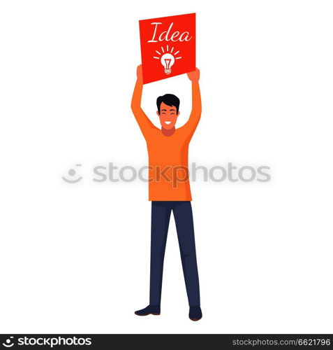 Smiling male holding orange card with white luminous light bulb and word idea. Young manager with new brainchild, vector illustration of startup. Smiling Male Holding Orange Card with New Idea