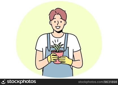 Smiling male in gloves and apron holding plant in pot. Happy gardener enjoy botanical floral hobby. Horticulture and gardening. Vector illustration.. Smiling man gardener holding plant