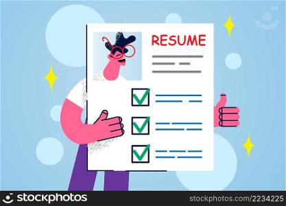Smiling male job applicant on paper resume show thumb up apply for vacant position in office. Happy man candidate with CV ready for interview. Employment, recruitment. Vector illustration. . Smiling man employee on paper work resume