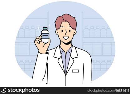 Smiling male pharmacist in medical uniform hold bottle in hands. Happy man specialist or professional recommend medication or drug. Healthcare and medicine. Vector illustration.. Smiling male pharmacist holding medication