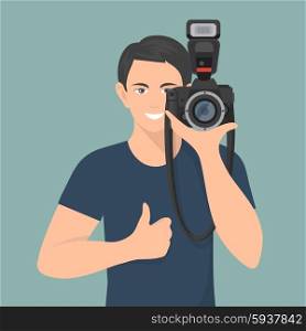 Smiling male photographer with professional photo camera flat vector illustration. Photographer Flat Illustration