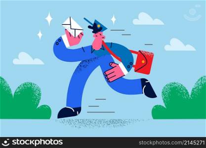 Smiling male postman with letter deliver to client. Happy man deliveryman or courier show good quality service with package or parcel delivery. People occupation. Vector illustration. . Happy postman deliver letter to client