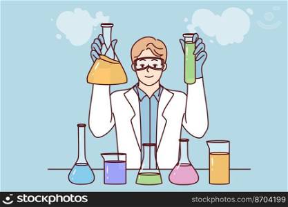 Smiling male researcher in white medical coat make experiments in laboratory. Happy man scientists experiment with tubes in lab. Science. Vector illustration. . Male researcher make experiments in lab 