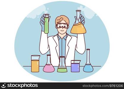 Smiling male researcher in white medical coat make experiments in laboratory. Happy man scientists experiment with tubes in lab. Science. Vector illustration.. Male researcher make experiments in lab