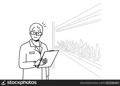 Smiling male scientist in uniform growing plants in laboratory. Happy man researcher make experiments in lab or greenhouse. Vector illustration. . Male scientists growing plants in lab 