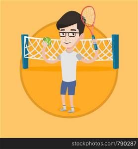 Smiling male tennis player holding a racket. Tennis player holding a ball. Young caucasian cheerful sportsman playing tennis. Vector flat design illustration in the circle isolated on background.. Male tennis player vector illustration.