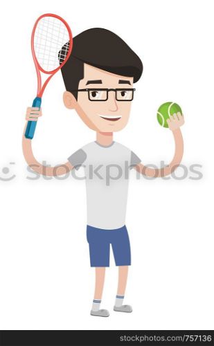 Smiling male tennis player holding a tennis racket and a ball. Young caucasian cheerful tennis player playing tennis. Vector flat design illustration isolated on white background.. Male tennis player vector illustration.