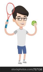 Smiling male tennis player holding a tennis racket and a ball. Young caucasian cheerful tennis player playing tennis. Vector flat design illustration isolated on white background.. Male tennis player vector illustration.