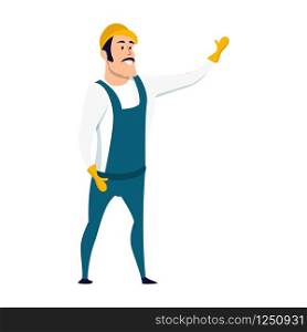 Smiling Male Warehouse Worker Character Standing with his Hand Up. Happy Factory Staff Wearing Overall Uniform and Hard Hat. Engineer Man in Safe Outfit. Flat Cartoon Vector Illustration. Smiling Male Warehouse Worker Character Standing