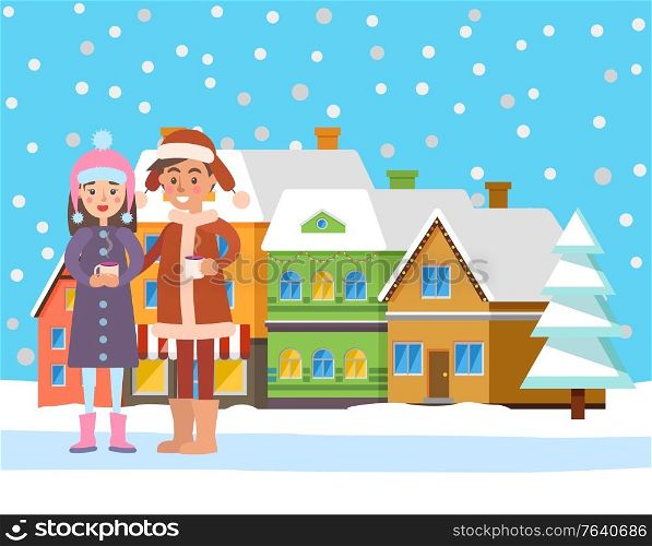 Smiling man and woman character wearing warm clothes holding hot cup of drink. Male and female walking near snowy fir-tree and colorful building. Couple leisure in snowfall weather near spruce vector. Couple near Snowy Building and Fir-tree Vector