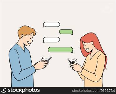 Smiling man and woman chatting online on social media on speech bubbles. Happy couple message on internet on cellphones. Dating and flirting on web. Vector illustration. . Smiling man and woman messaging online 