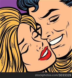 Smiling man and woman, close-up face. A couple in love. Smiling man and woman, close-up face. A couple in love. Comic cartoon pop art retro vector vintage illustration. Smiling man and woman, close-up face. A couple in love